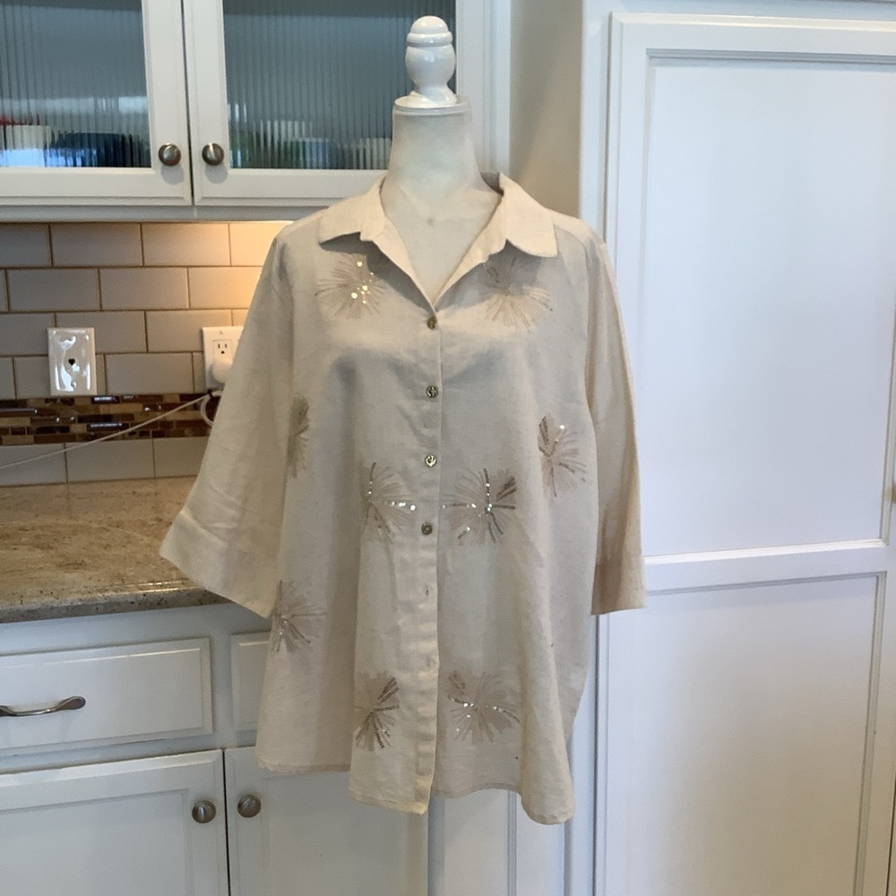 Linen Blend Beige Button-Up Shirt with Embroidered Details by Gia Size LG